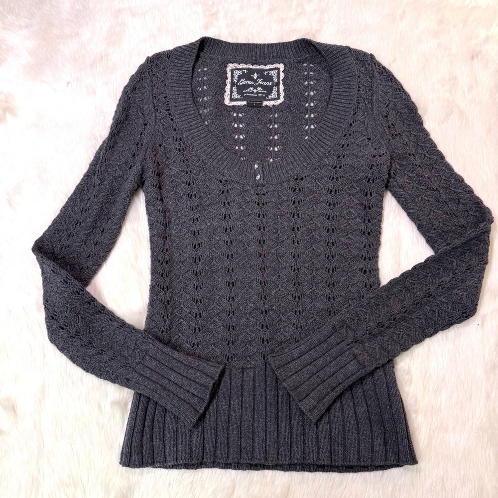 Guess Jeans Vtg Y2K Knit Sweater Womens Small Gray Long Sleeve Pointelle Chic